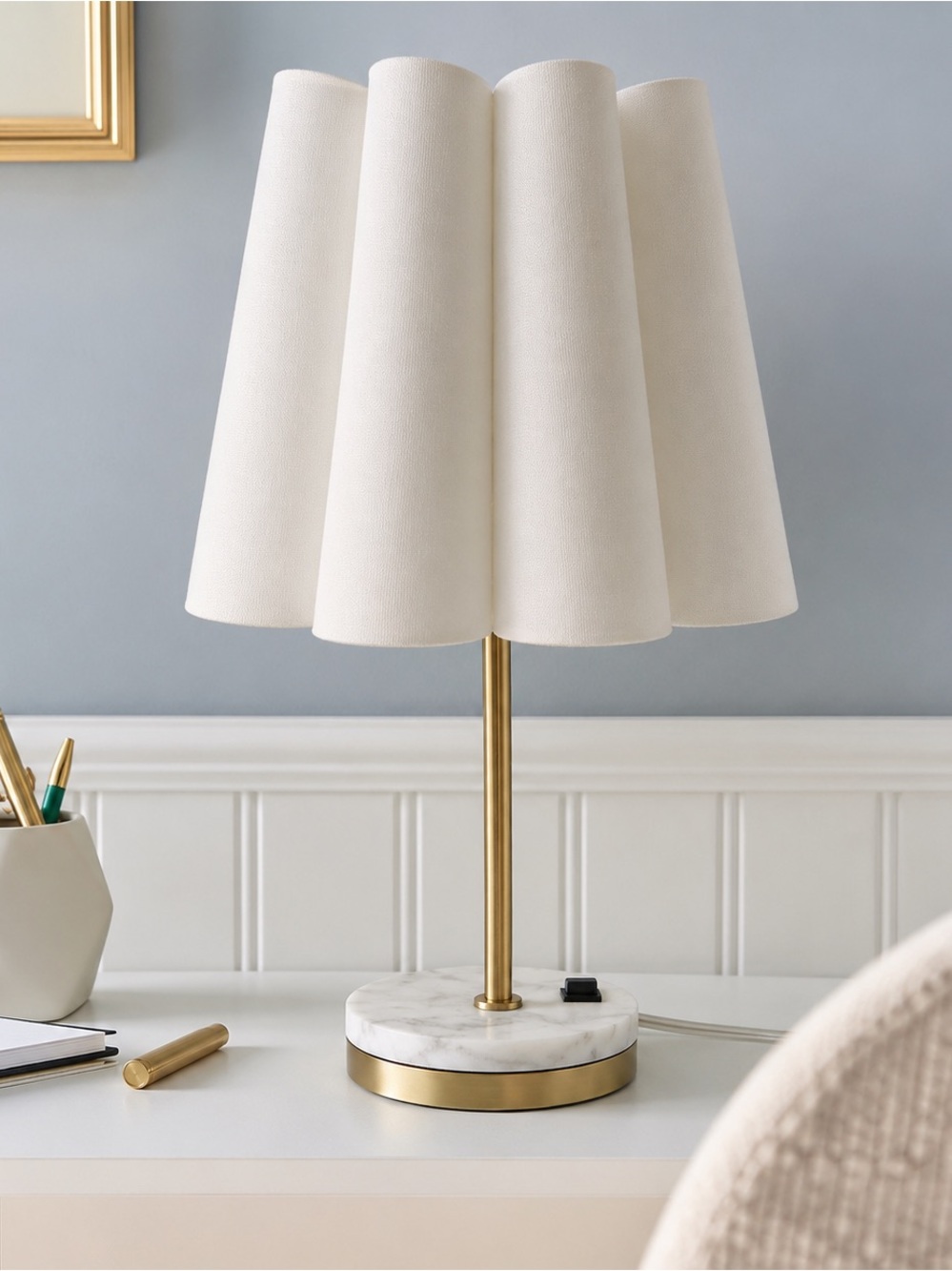 Elegant white pleated table lamp with gold brass & marble base